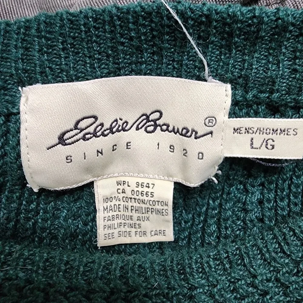 Vintage Eddie Bauer Mens Sweater L Green Fisherman Grandpa Outdoors 100% Cotton
